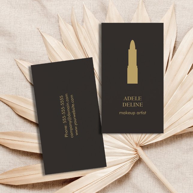 Cartão De Visita Artista de Maquiagem de Lipstick Dourado de Cinza  (Criador carregado)