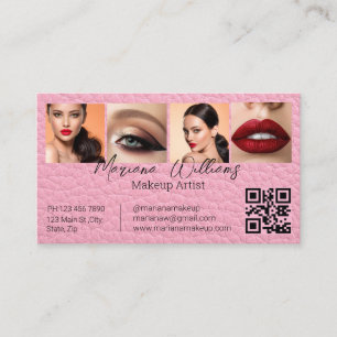 Cartão De Visita Artista de Maquiagem em Couro Rosa Chic Código QR