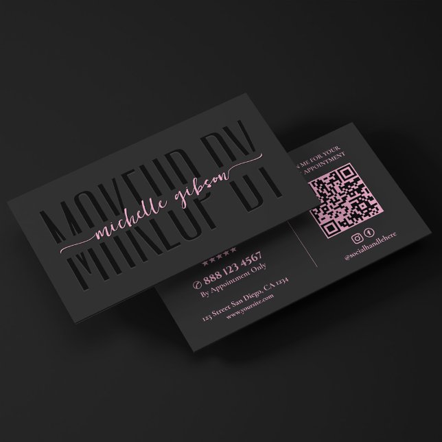Cartão De Visita Artista de Maquiagem Estética Monograma Preto Rosa (Aesthetic Makeup Artist Black Pink Monogram QR Business Card
)