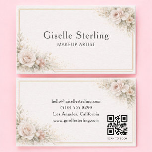 Cartão De Visita Artista de Maquiagem Floral Neutro Código QR Profi
