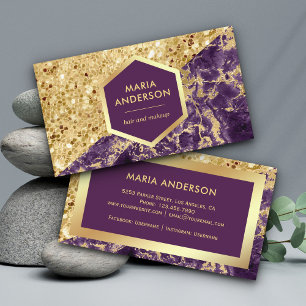Cartão De Visita Artista de Maquiagem Mármore Roxo Brilho Dourado