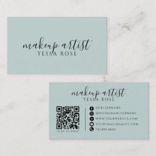 Cartão De Visita Artista de Maquiagem QR Code Azul Verde Empoeirado