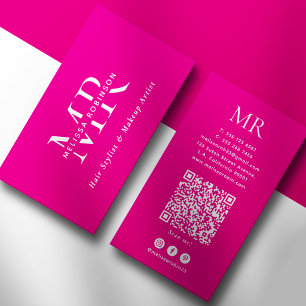 Cartão De Visita Artista de Maquiagem Rosa Quente Monograma Branco 