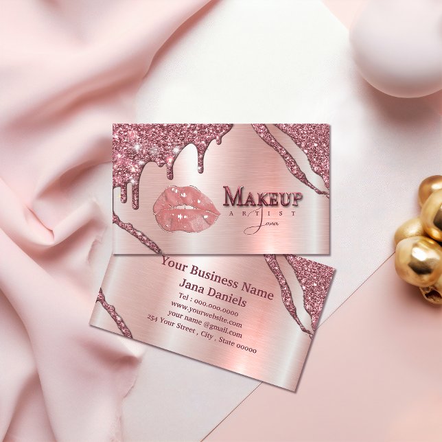Cartão De Visita Artista de maquilhagem com Lábios de gotejamento R (Makeup Artist With Rose Gold Dripping Lips Business Card #makeupartistbusinesscard #rosegoldglitter)