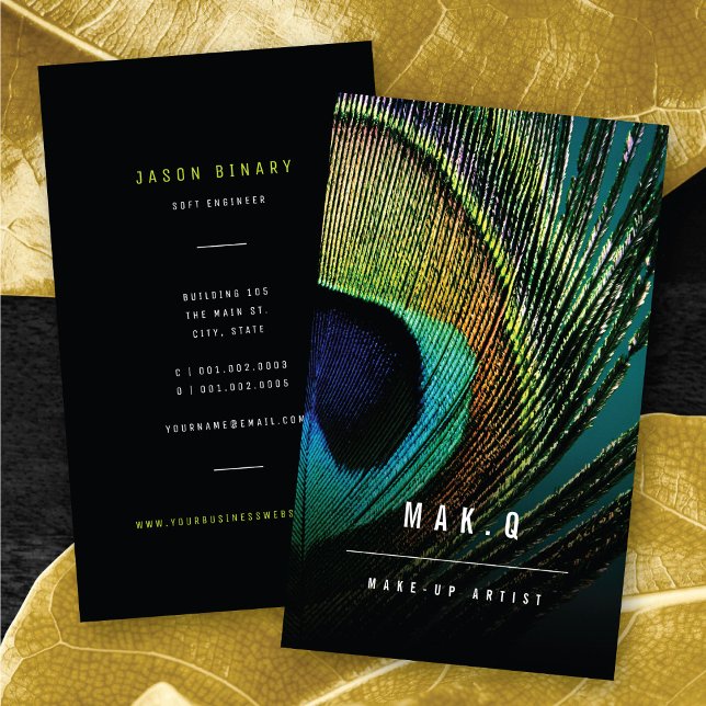 Cartão De Visita Artista de maquilhagem de fotos de Pavão-na moda (Stylish Chic Peacock Feather Photo Elegant Make-up Artist Business Card @ zazzle.com/color_therapy)