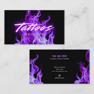 Cartão De Visita Artista de Tatuagem Chamas Neon Roxo Modernas