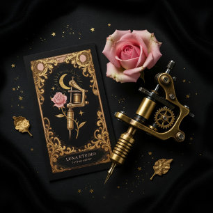Cartão De Visita Artista de Tatuagem de Luxo Preto e Dourado