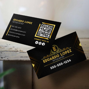 Cartão De Visita Artista de Tatuagem Elegante Preto e Dourado Conec