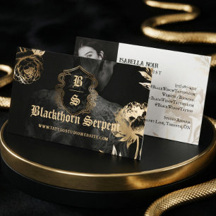Cartão De Visita Artista de Tatuagem Foto Monograma Preto Dourado C