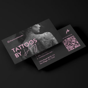 Cartão De Visita Artista de Tatuagem Minimalista Código Qr Rosa Tat