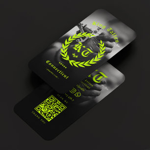 Cartão De Visita Artista de Tatuagem Moderna Foto BW Coroa Verde Li