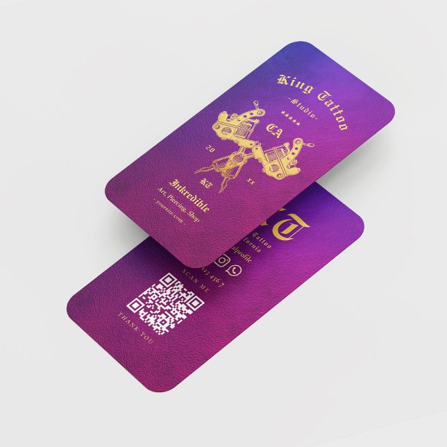 Cartão De Visita Artista de Tatuagem Moderna Retro Azul Roxo Dourad (Criador carregado)