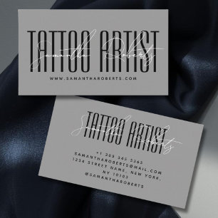 Cartão De Visita Artista de tatuagem tipografia moderna cinza scrip
