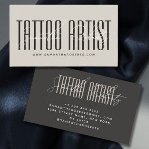 Cartão De Visita Artista de tatuagem tipografia moderna script bege