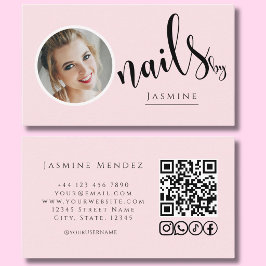Cartão De Visita Artista de Unhas Blush Rosa Foto Código QR Ícones 