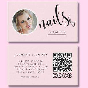 Cartão De Visita Artista de Unhas Blush Rosa Foto Código QR Ícones 