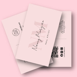 Cartão De Visita Artista de Unhas Blush Rosa Monograma Código Qr Lo