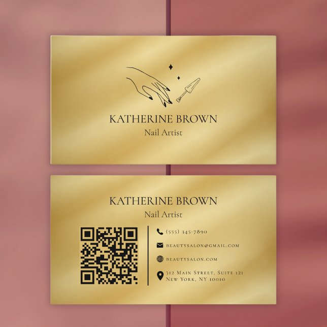 Cartão De Visita Artista de Unhas QR Code Para Profissionais (Elegant Gold Nail Artist Business Card with QR Code for Professionals)