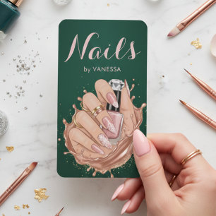 Cartão De Visita Artista de Unhas Verde Escuro Rosa Bege Manicure