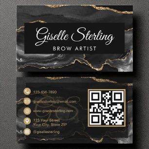 Cartão De Visita Artista em linha Código QR Preto Agate Luxo Dourad