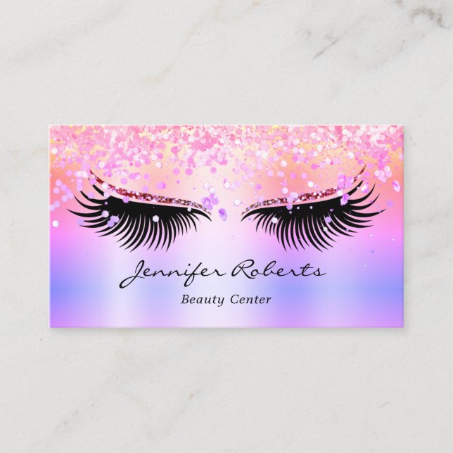Cartão De Visita Artista Eyelash Holográfico Glitter QR Rosa (Frente)