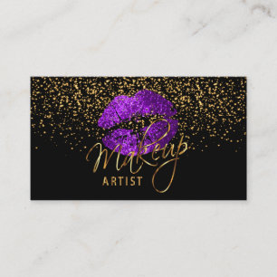 Cartão De Visita Artista Makeup com Confetti Dourado e Lábios Roxos