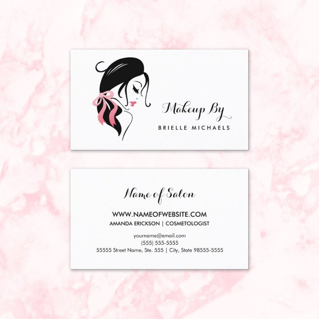 Cartão De Visita Artista Makeup com Eyelashes e Arco Rosa (Makeup Artist Woman With Eyelashes and Pink Bow Business Cards)