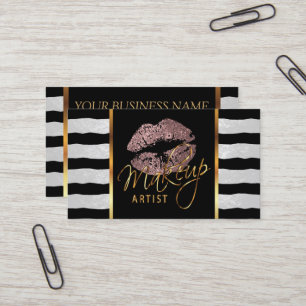 Cartão De Visita Artista Makeup com Stripes e Lábios Rosa poeirento