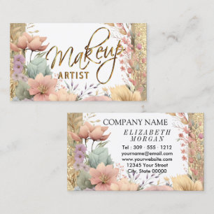 Cartão De Visita Artista Makeup em Floral e Dourada Glitter