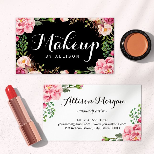 Cartão De Visita Artista Makeup Modern Script Girly Floral Wrapping (Criador carregado)