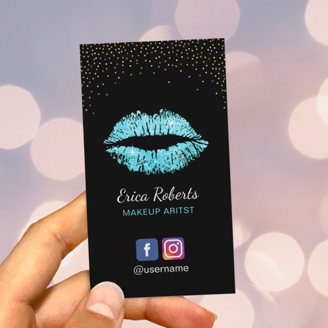 Cartão De Visita Artista Moderno Turquoise Glitter Lábios Salon (Criador carregado)