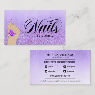Cartão De Visita Artista Nail Manicure Tech Purple Glam Glitter Nai