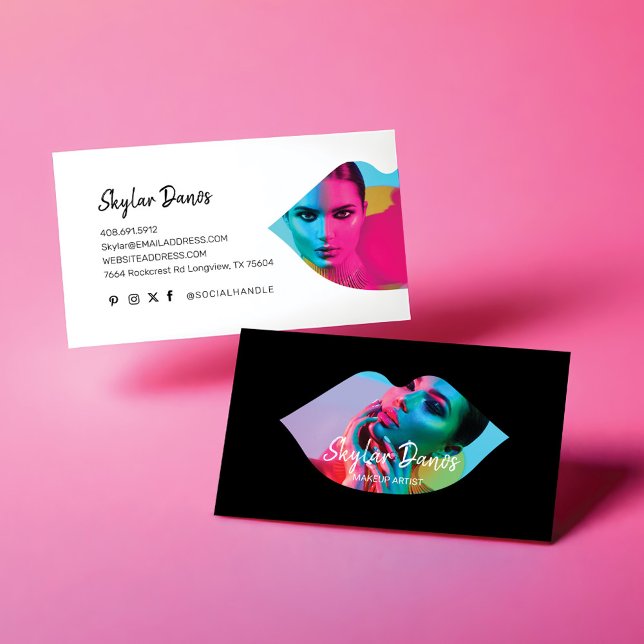 Cartão De Visita Artista Preto de Makeup de Frame de Foto do Lip Mo (Modern Lip Photo Frame Trendy Makeup Artist Black Business Card)