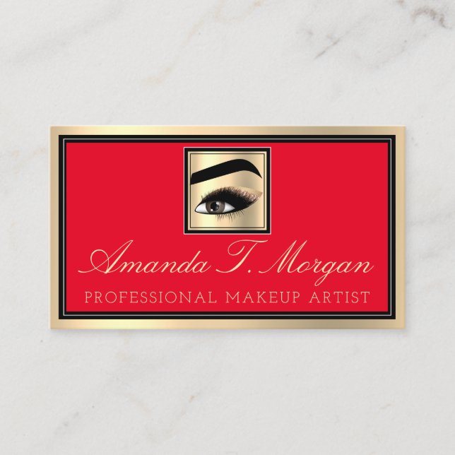 Cartão De Visita Artista Profissional Eyelashes Dourado Vermelho (Frente)