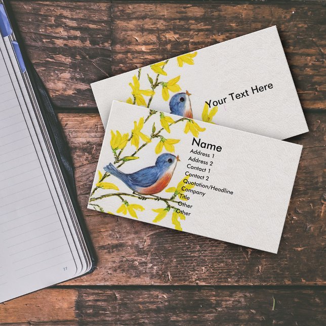 Cartão De Visita Árvore azul de pássaro cante bonito (Cute spring time red blue bird on branch yellow flowers on white business card.)