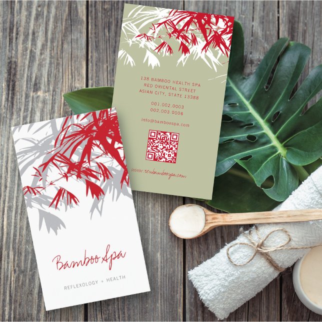 Cartão De Visita Ásia Vermelho Bamboo Deixa Oriental moderno Spa (Oriental Asian Bamboo Leaves Modern Zen Spa Business Card / Profile Card @ fatfatin_red_knot)