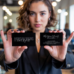 Cartão De Visita Assinatura de script de estilista de cabelo preto 