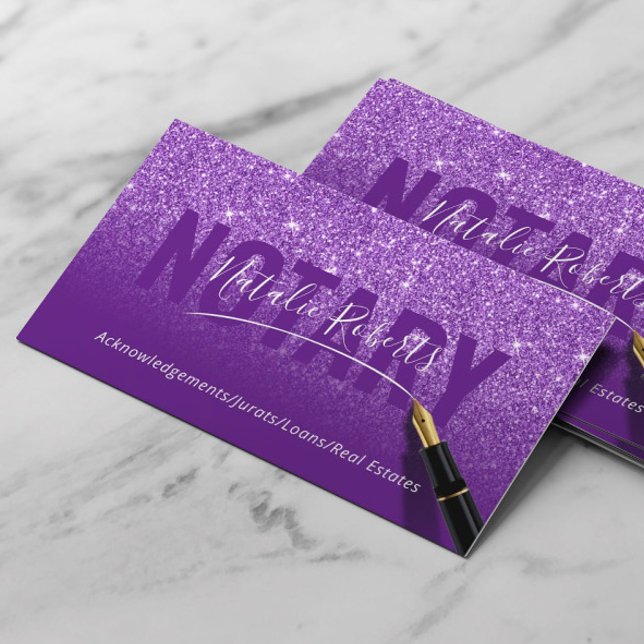 Cartão De Visita Assinatura Elegante de Glitter Roxo Público Notári (Criador carregado)