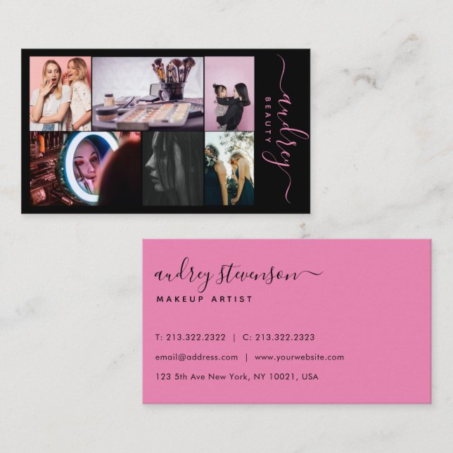 Cartão De Visita Assinatura profissional rosa e preta 6 fotos (Frente/Verso)