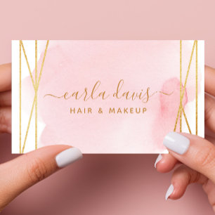 Cartão De Visita Assinatura Script Aquarela Rosa Dourado Geométrico