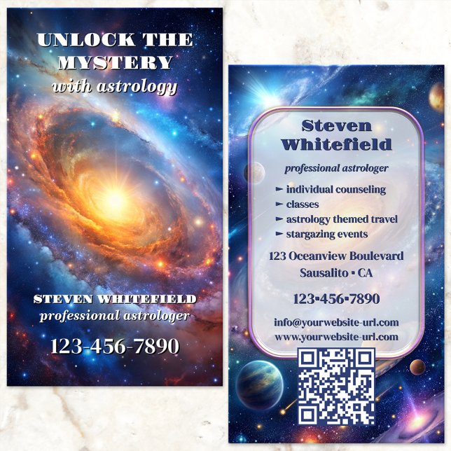 Cartão De Visita Astrologer Celestial Galaxy Professional (Astrologer business card featuring a celestial illustration of the galaxies with planets and stars.)