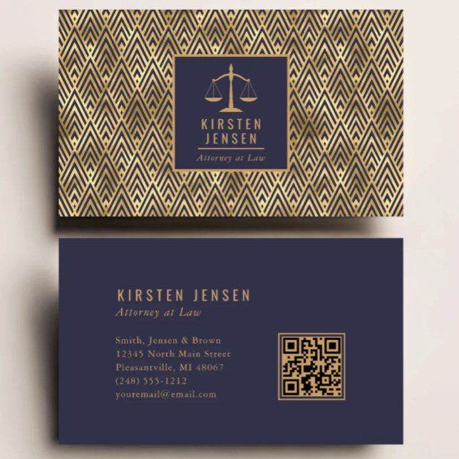 Cartão De Visita Attorney QR Code Blue Gold Geometric Deco Pattern (Criador carregado)