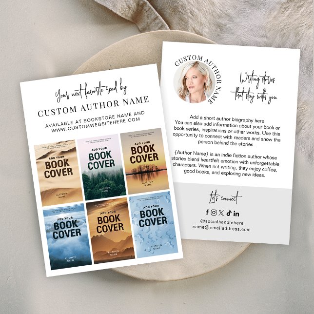 Cartão De Visita Author Book Series Marketing Custom Photo Collage (Minimalist author bibliography marketing business cards with 6 custom book covers and profile photo)