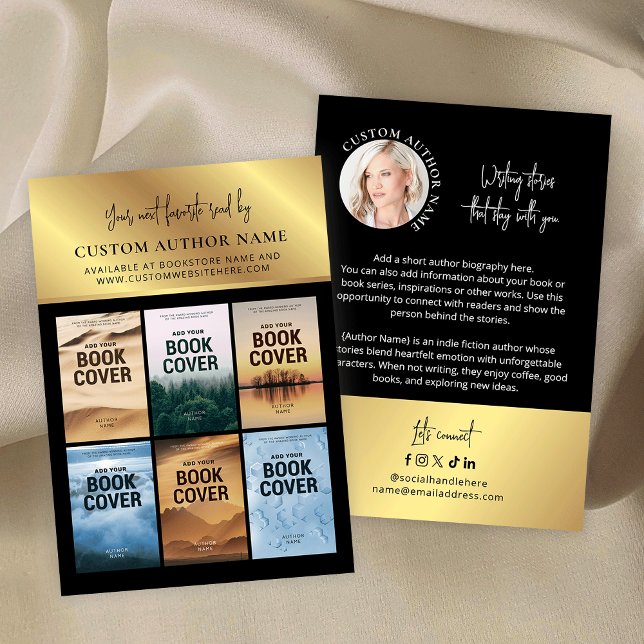 Cartão De Visita Author Book Series Photo Collage Black & Gold (Faux gold author bibliography marketing business cards with 6 custom book covers and profile photo)