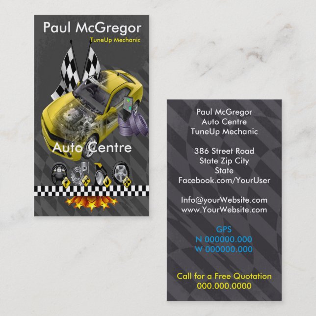 Cartão De Visita Auto Centre / TuneUp Mechanic Business Card (Frente/Verso)