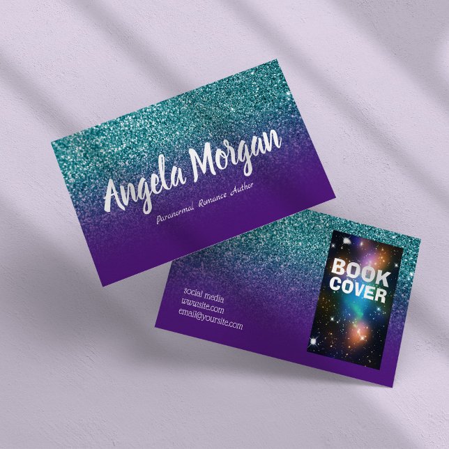 Cartão De Visita Autor de Foto Glitter de Ombre Roxo e Teal (Purple and Teal Ombre Glitter Photo Author Business Card)