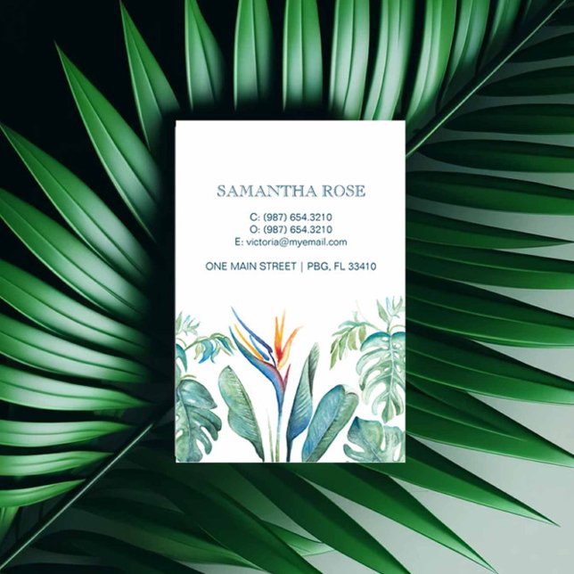 Cartão De Visita Ave de Paraíso Monstera Palm Leaves (Tropical business cards feature watercolor orange florals and palm leaves by Victoria Grigaliunas)