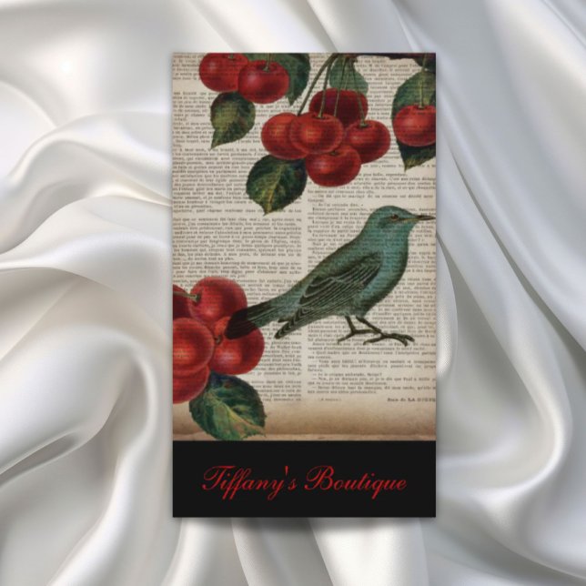 Cartão De Visita ave francesa retro botanical red cherry (french country bird retro botanical red cherry business card)
