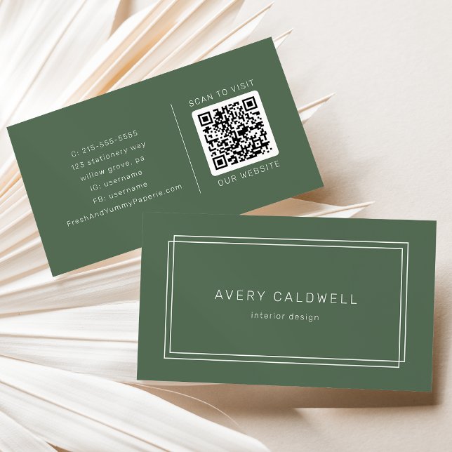Cartão De Visita AVERY Rústico Verde Escuro Boho Quadro Duplo Códig (AVERY Rustic Dark Green Boho Double Frame QR Code Business Card)