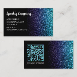 Cartão De Visita Azul Aqua Ombre faux sparkle black elegle code QR